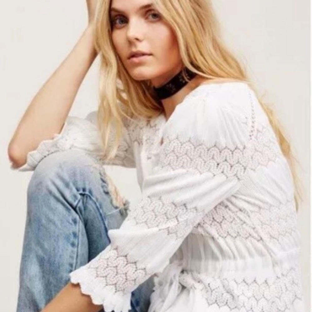 Free People White Fire Island Embroidered Top